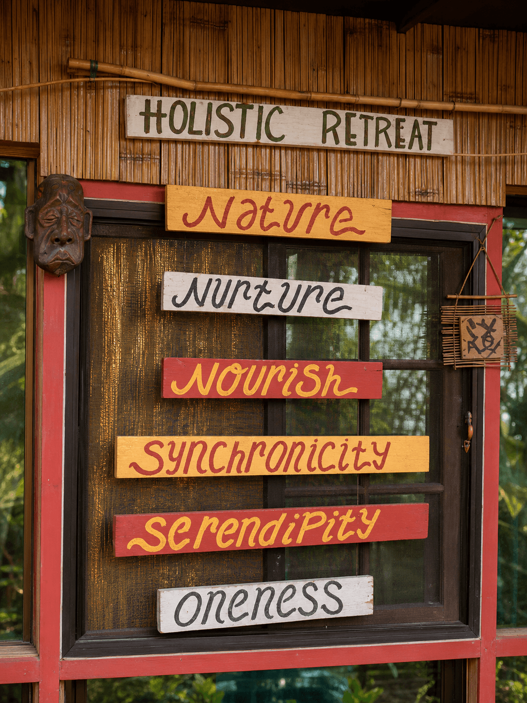 Welcoming retreat entrance with wooden signs